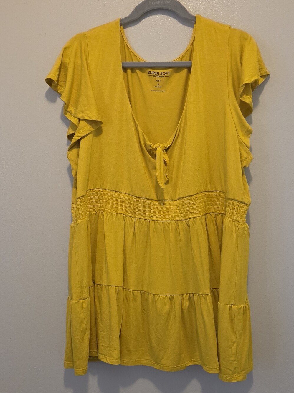 Womens Yellow Tie-Front Ruffle Sleeve Top